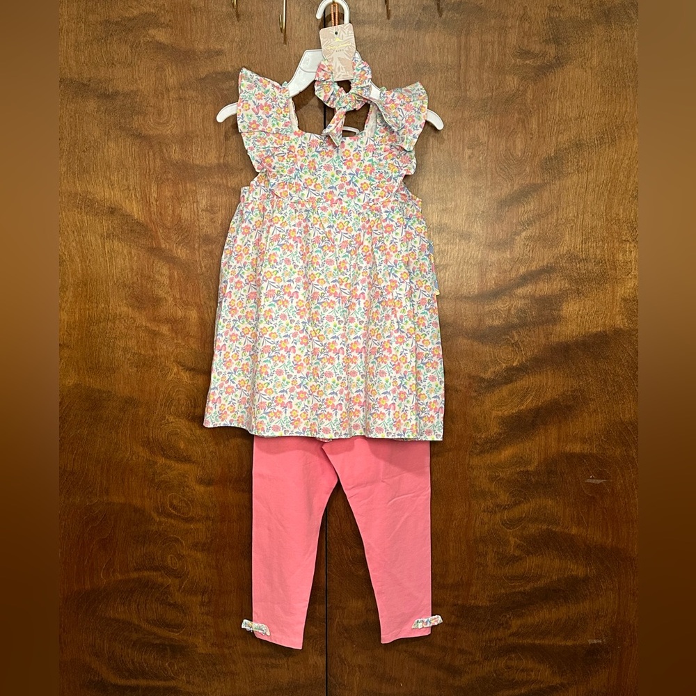 TOMMY BAHAMA Pastel Floral Ruffle Top & Knit Leggings Set w/ Hair Tie Girls 7